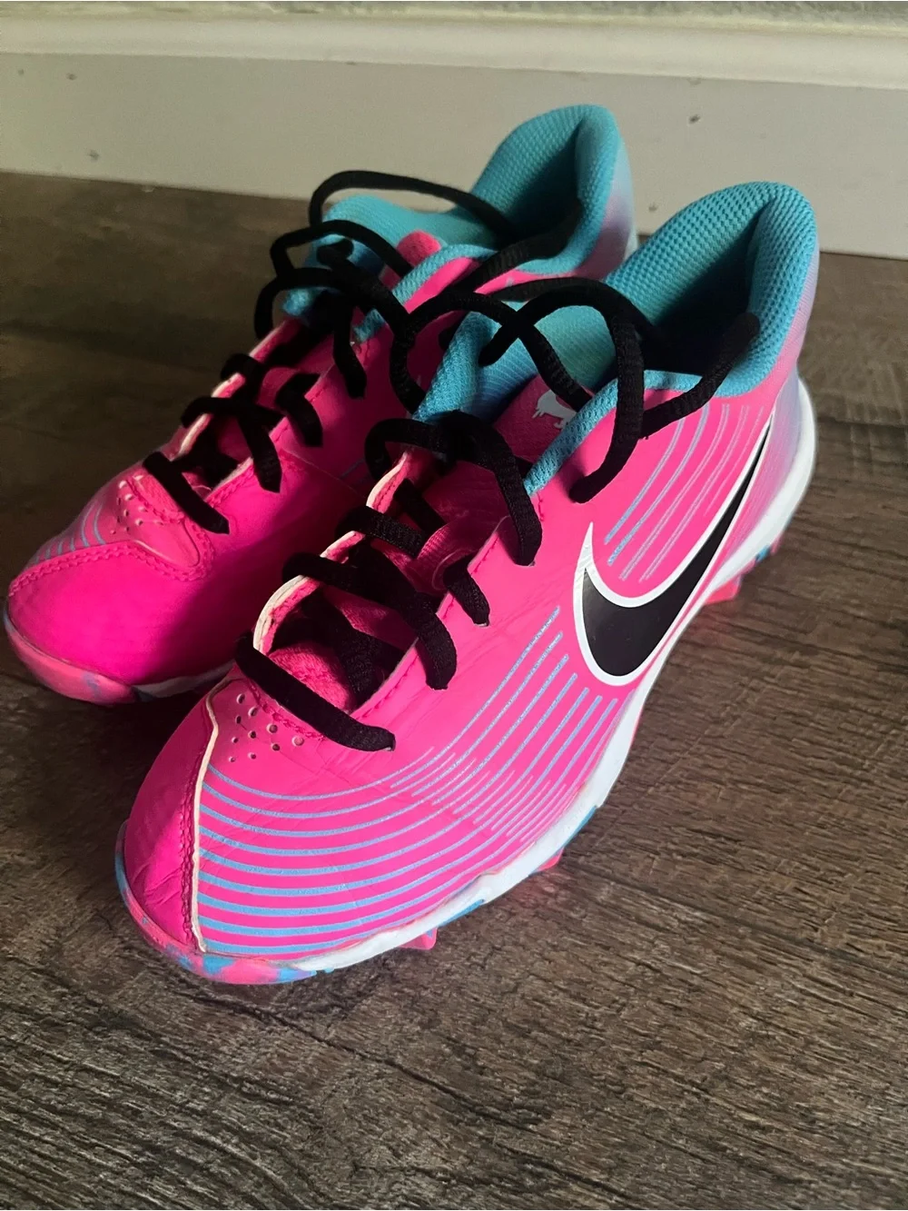 Nike Kids' Hyperdiamond Keystone Softball Cleats in the pink and blue size 2